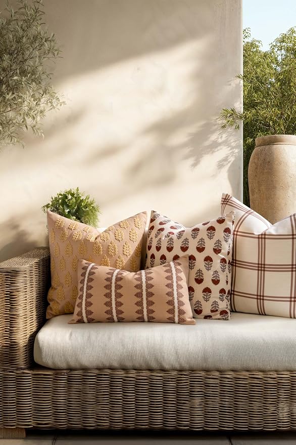 Crumbs Home Modern Farmhouse California Casual Indoor Outdoor Throw Pillow Cover, 20"x20" Water Repellent for Patio, Backyard, Couch, Poolside, Earth Tone Ivory Cream Tan Embroidered Leaves