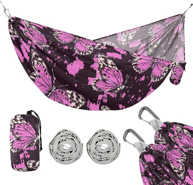 Camping Hammock Outdoor Hammocks for Outside Butterfly Hotpink Beach Trees Portable Lightweight with Pockets Tree Straps Indoor Small