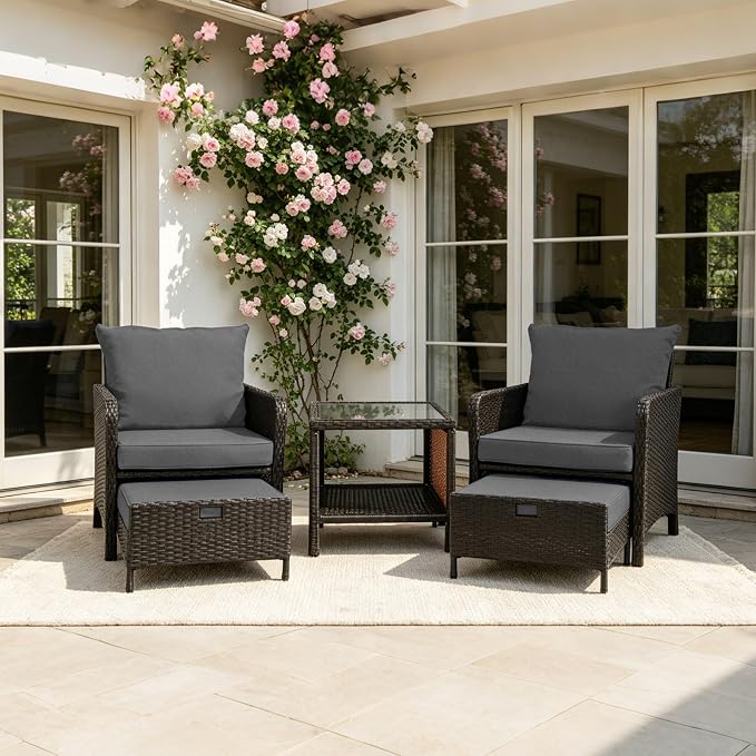5 Piece PE Wicker Patio Furniture Set, Outdoor Conversation Chairs with Pull Out Hidden Ottoman, Soft Cushions & Glass Coffee Table, Wicker Bistro Set for Porch, Garden, Balcony, Poolside (Grey)