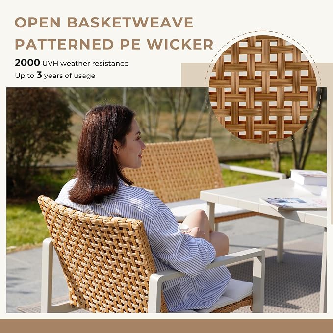 Grand patio 4-Piece Outdoor Furniture Set, Wicker Small Patio Set with Beige Seat Cushions, Outdoor Conversation Furniture with Coffee Table for Poolside, Backyard, Balcony, Porch