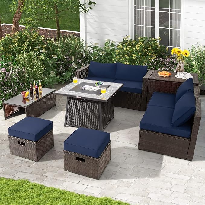Tangkula 9 Pieces Outdoor Patio Furniture Set with 35-Inch Propane Fire Pit Table, Outdoor PE Wicker Sectional Sofa Set with Storage Box and Cushions, 50,000 BTU Gas Fire Pit Table (Navy)