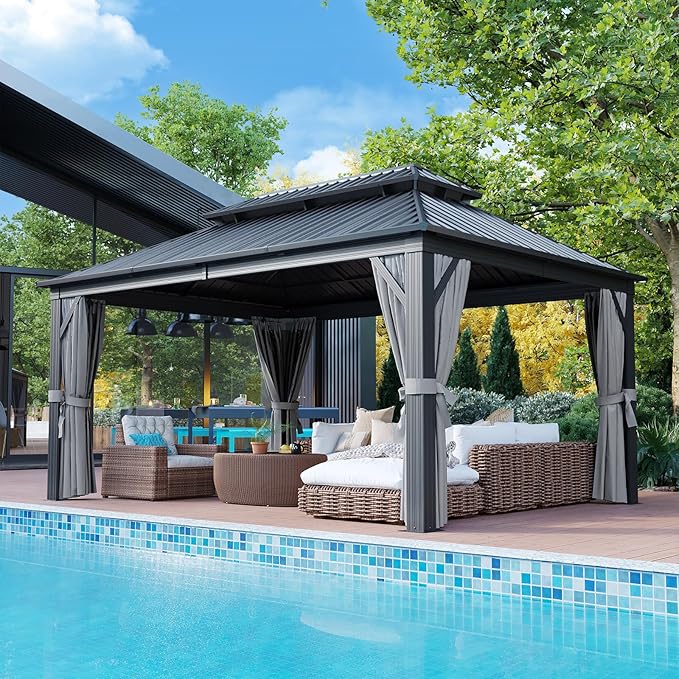 Aoxun 12FT X 16FT Hardtop Gazebo, Outdoor Pergolas with Mosquito Netting and Curtains, Galvanized Steel Double Roof Permanent Metal Gazebo, for Gardens, Decks, Patios, Parties