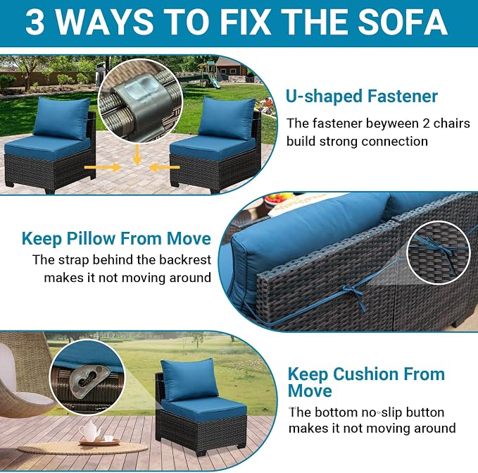 Jing's Villa 5-Piece Patio Furniture Set, All-Weather Outdoor Wicker Sectional Sofa with Cushions, Tempered Glass Table & Ottoman, Rattan Conversation Seating for Porch, Garden, Backyard,Peacock Blue