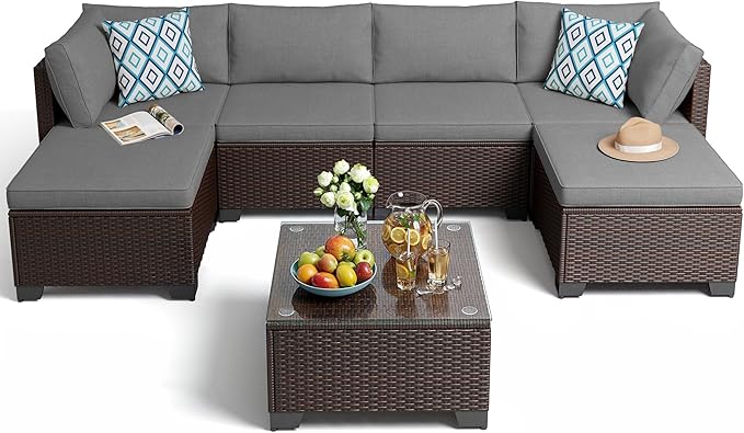 Gizoon 7 Pieces Outdoor Patio Furniture Set, All-Weather PE Rattan Wicker Sectional Sofa Seating with Waterproof Cushions and Coffee Table, Outdoor Conversation Set for Garden, Backyard, Balcony