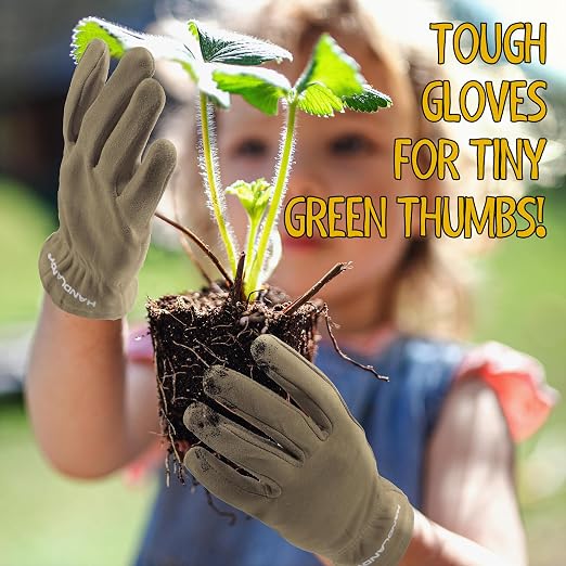 HANDLANDY 2 Pairs Kids Leather Gardening Gloves, Kid Work Gloves, Khaki, L | Durable Soft Breathable Yard Work Cycling Outdoor Playing Glove for Age 2-9, for Children, Boys, Girls, Toddlers, Great Gift