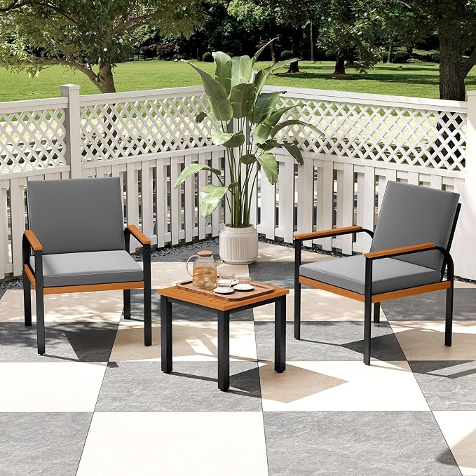 Tangkula 3 Pieces Patio Furniture Set, Outdoor Cushioned Conversation Chairs Set with Acacia Wood Side Table, for Porch, Balcony and Garden