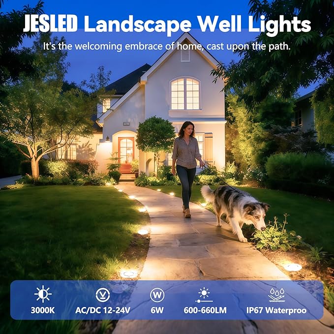 JESLED Low Voltage Landscape Lights, 6W LED Well Lights IP67 Waterproof, 3000K Warm White In-Ground Lights with Wire Connectors for Pathway, Deck, Patio, Yard, Garden (12 Pack)