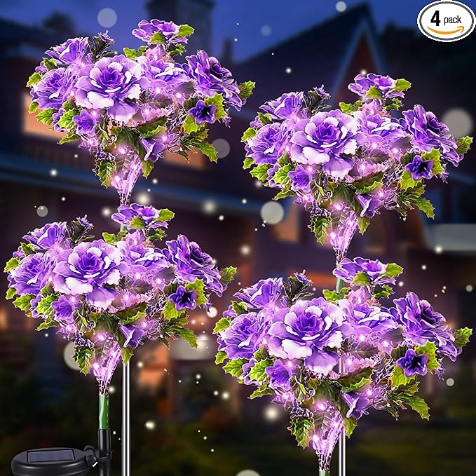 Neporal Solar Garden Lights, 4PK Dusk to Dawn Purple Carnation Solar Flowers Outdoor Waterproof for Garden Decor