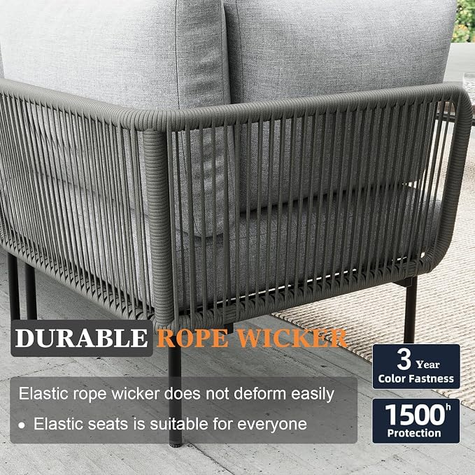 9 Piece Modern Outdoor Rope Wicker Sectional Patio L-Shaped Conversation Sofa Set Deep Seating with Thick Cushions