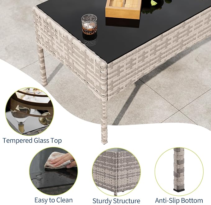 4-Piece Outdoor Furniture Set, PE Rattan Wicker Chairs with Soft Cushions & Tempered Glass Coffee Table - All-Weather Patio Set for Garden, Backyard, Porch, Poolside (Gray/Light Gray)