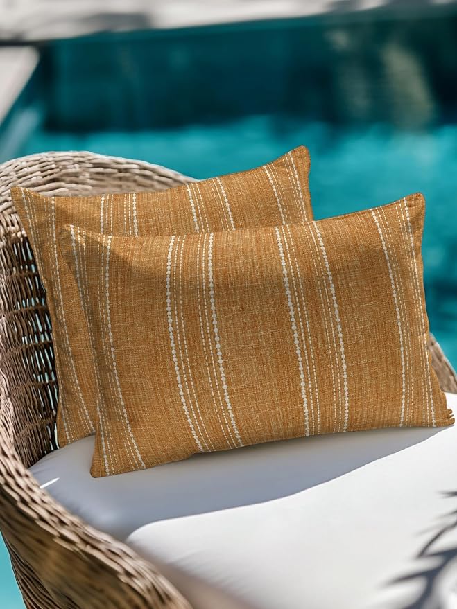 Waterproof Outdoor Pillow Set of 2 Orange Linen Stripes Decorative Throw Pillows Cover & Insert 20x12 Inch Lumbar Pillowcase Parallel Vertical Lines Pillows for Couch Sofa Bed Patio Furniture
