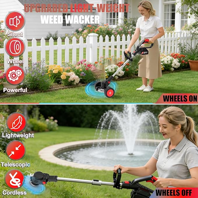 Electric Cordless Weed Wacker Eater with 4 Types Blades & Wheels 2 X 2.0Ah Battery Powered 3-in-1 String Trimmers/Grass Trimmer/Lawn Edger/Brush Cutter Lightweight Garden Tool for Garden Yard