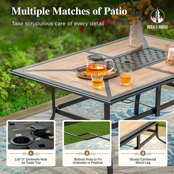 HERA'S HOUSE 7pc Patio Dining Set, Metal Table with PVC Top, Brown Chairs | 61" rectangular table with umbrella hole, 6 textilene chairs. Waterproof, rust-resistant, all-weather for yard, porch