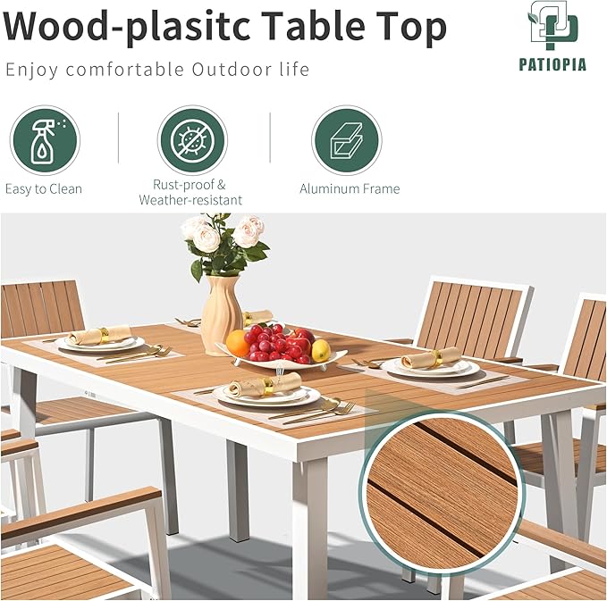 8-Piece Patio Dining Set, Outdoor Weather-Resistant Plastic-Wood Table & 6 Stackable Chairs, Outdoor Durable Aluminum Frame Furniture for Garden, Poolside, Backyard, White