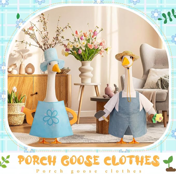 FuWeave 2 Set Porch Goose Outfit Spring Gardener Goose Clothes with Small Flower Pot for 23" Cement Outdoor Patio Yard Decor(Watering Can)