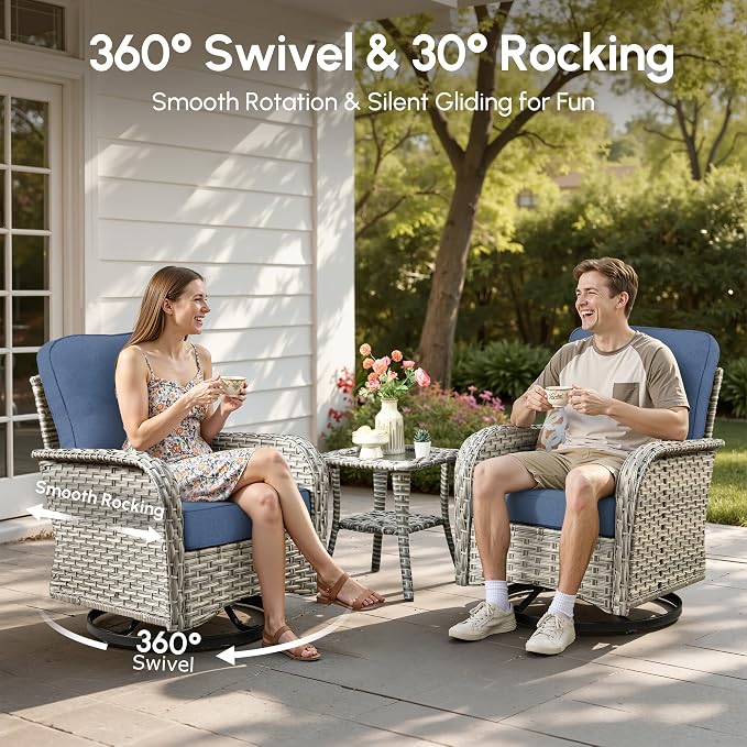 Patio Furniture Set,9 Pieces Outdoor Wicker Conversation Sets with 42 in Fire Pit Table,2 Wicker Rocking Chair & Coffee Table,Outdoor Sectional Sofa for Balcony Backyard Poolside Garden Lawn(Blue)