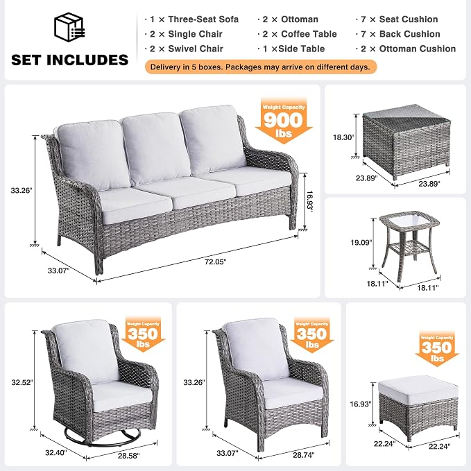 ovios 10 Pieces Patio Furniture Set with Swivel Rocking Chairs, Outdoor Wicker Sofa Couch Comfy Cushions, All Weather High Back Modern Conversation Set, Grey Rattan, Grey