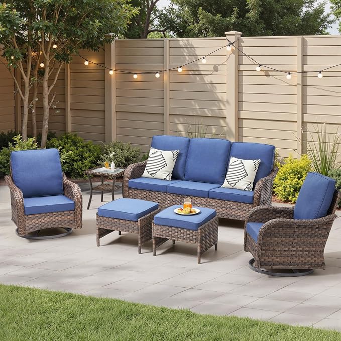 6 PCS Patio Furniture Set, Outdoor Wicker Sofa & 2 Swivel Rocking Chairs with 2 Ottomans & Side Table, 4-Inch Thick Olefin Cushions, 300 lbs Capacity Rattan Conversation Set for Porch, Blue