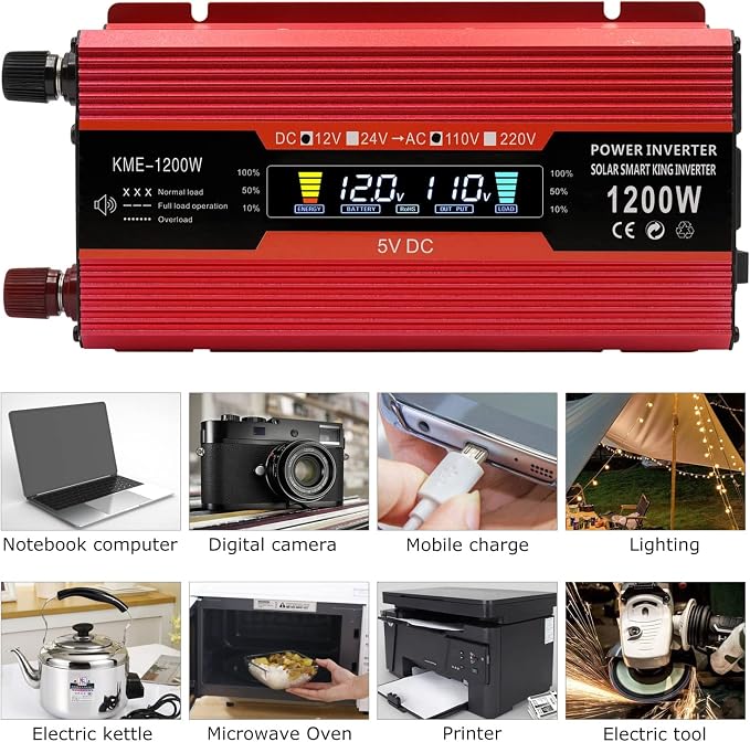 1200W Car Power Inverter DC 12V to 110V AC Converter 1200W Inverter Power Inverters with LCD Display and AC Outlets 2A USB Charging Port