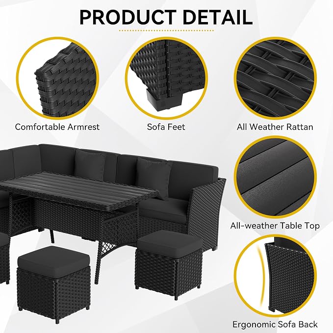 Patio Furniture Set, 7 Pieces Outdoor Dining Sets, All Weather Rattan Conversation Set, Outdoor Dining Sectional Sofa with Large Dining Table, Ottoman (Black-Black, A-7 Pieces)