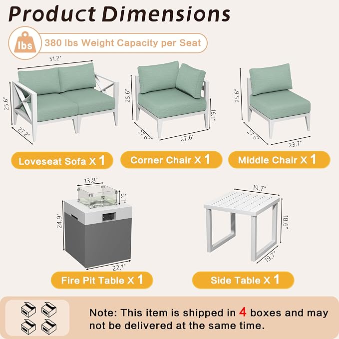 5-Seat Aluminum Patio Conversation Set with Corner Sofa & 37,000 BTU Fire Pit Table, All-Weather Outdoor Sectional Furniture with Glass Wind Guard – White for Balcony, Backyard, Garden