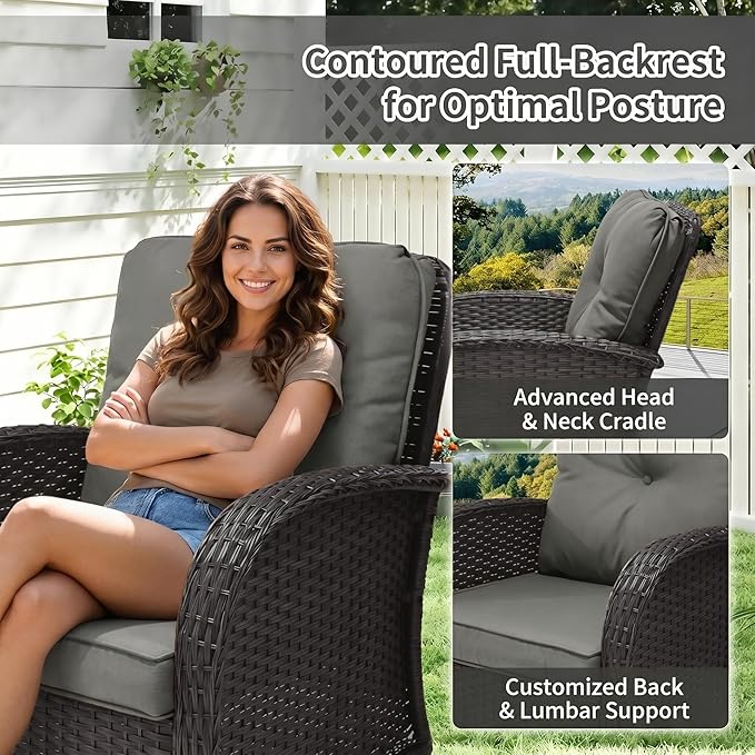 SHGJ&SOFT 3 Piece Patio Furniture Set, 2 Outdoor Swivel Rocking Chairs with Side Table, Wicker Glider Chairs, All-Weather Rattan Bistro Set for Porch, Deck, Pool (Grey, Grey Full-Weave Rattan)