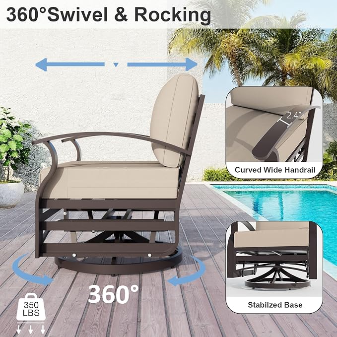 ALAUML Aluminum Outdoor Swivel Chairs High-Back Metal Swivel Rocking Chairs for Patios, Porches, Backyards, and Gardens—Sand