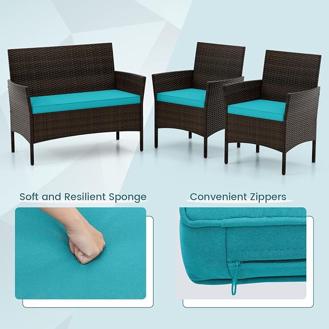 ORALNER 4 Pieces Patio Furniture Set, Rattan Chairs Loveseat with Soft Cushion and Glass Table, Outdoor Wicker Conversation Set for Balcony Garden Backyard Porch Poolside (Turquoise)