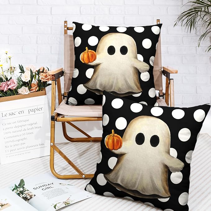 Halloween Pillow Covers 16x16 Ghost with Pumpkin Throw Pillow Covers White Polka Dot Black Cushion Case for Halloween Decorations Living Room Sofa Outdoor, 2 Pack
