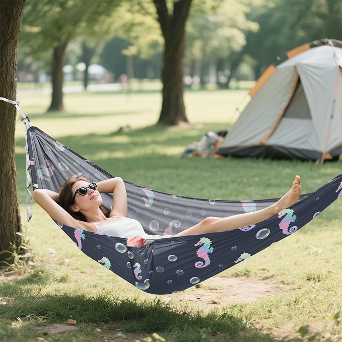 Camping Hammock Outdoor Hammocks for Outside Laser Seahorse Beach Trees Portable Lightweight with Pockets Tree Straps Indoor