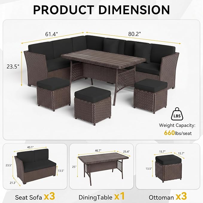 Patio Furniture Set, 7 Pieces Outdoor Dining Sets, All Weather Rattan Conversation Set, Outdoor Dining Sectional Sofa with Large Dining Table, Ottoman (Brown-Black, A-7 Pieces)