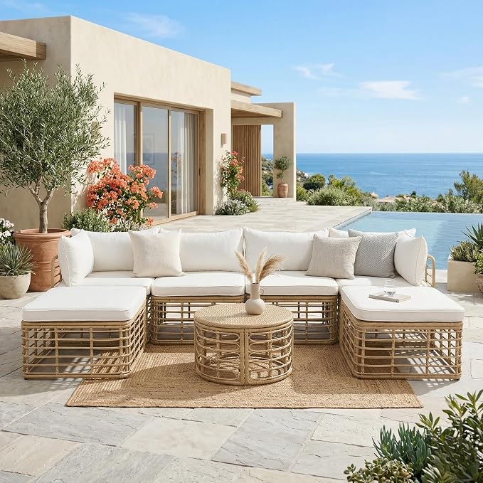 7 Pieces Outdoor Patio Furniture, All-Weather Rattan Sectional Sofa Set with Thick Cushions and Pillows, Freely Combined Conversation Sets for Garden, Backyard, Balcony, Beige