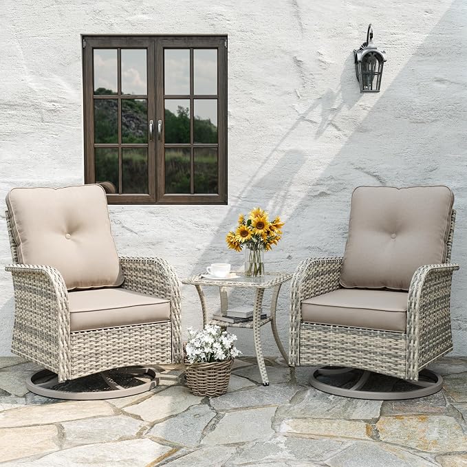 6-Piece Patio Rocking Swivel Chair Outdoor Wicker Rattan Bistro Set with Tempered Glass Side Table, Outdoor Patio Furniture Set for Garden, Deck, and Balcony, Sand