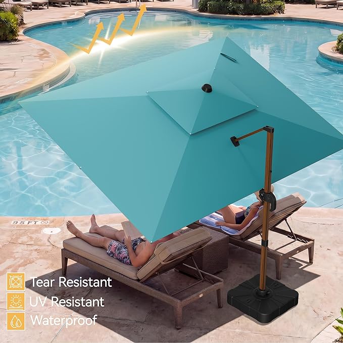 10x13 FT Wood Pattern Patio Umbrella with Base, Large Deluxe Cantilever Rectangular Double Top Heavy Duty Offset Umbrellas with 360° Rotation, Outdoor shade for Garden Pool Patio, Turquoise