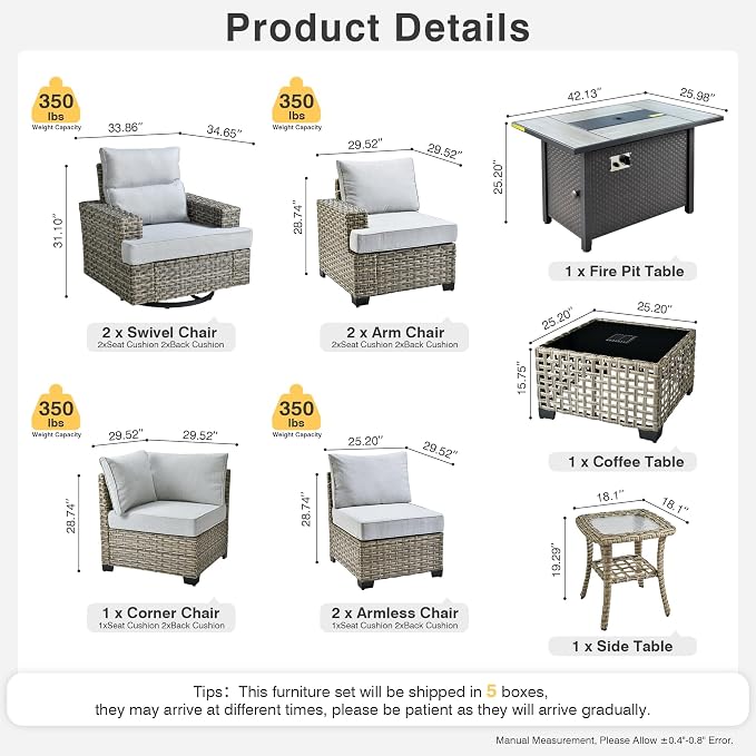Weaxty 10 Pieces Outdoor Patio Furniture Set with Swivel Rocking Chair, Outdoor Sectional Sofa Couch Wicker Modular Patio Conversation Set w/42 Fire Pit and Coffee Side Table,Gray