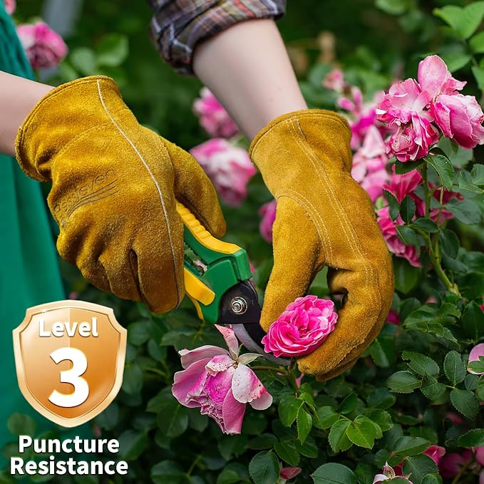 Leather Gardening Gloves for Men Women: Thorn Proof Cowhide Work Gloves | Garden Gloves for Yard Work, Reinforced Palm, Puncture Resistant, Breathable, for Rose Pruning, Heavy Duty, Construction
