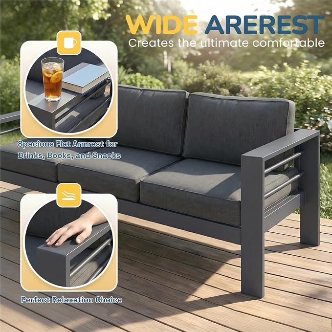 Solaste Aluminum Patio Furniture Set for All Weather, Oversized Metal Outdoor Furniture Set with 27.5" Deep Seating and 3.2" Wide Armrest, Outdoor Patio Conversation Sets with 10" Back Cushion, Gray