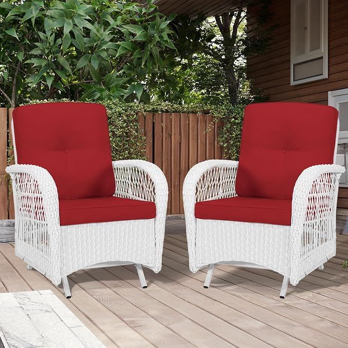 MEETWARM Patio Wicker Rocking Glider Set, All-Weather Outdoor Rattan Patio Rocking Chairs of 2, Patio Conversation Set with Thickened Cushions for Porch Garden & Backyard, White Wicker/Red