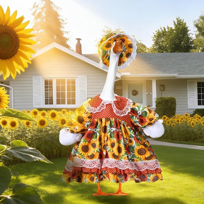 Soulchen 1 Set Fall Sunflower Porch Goose Outfit 23 Inch Cement Goose Clothes Dress and Hat Costume Set for Fall Summer Lawn Garden Yard Decor