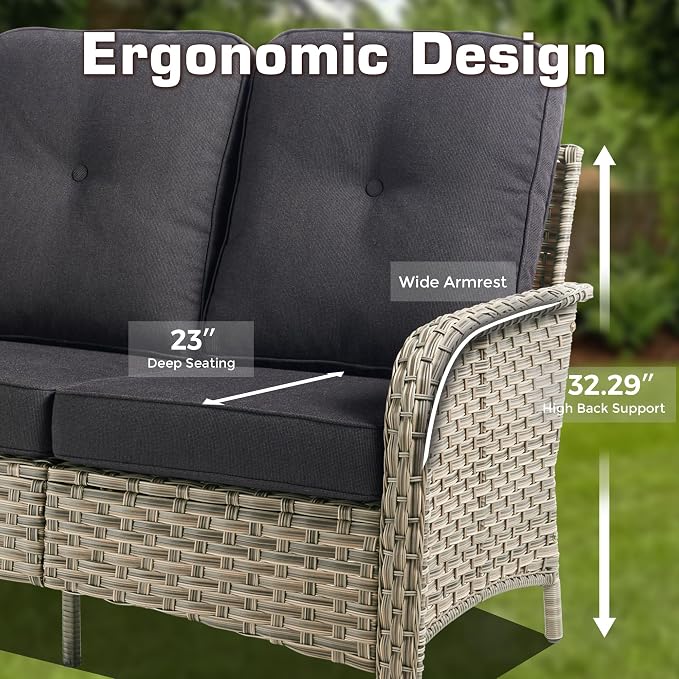 7-Piece Outdoor Patio Furniture Set with Ottomans 3 Seater Couch,All Weather Wicker Rattan Patio Seating Sofa and Chair Set with Ottomans,Outdoor Conversation Sets for Porch Deck Yard,Black