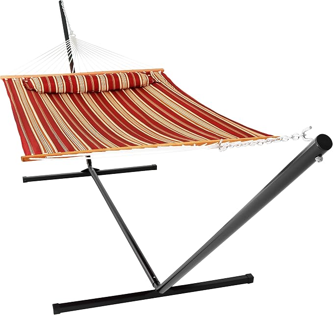 Sunnydaze Quilted Double Hammock with Stand for Outside - 400-Pound Capacity 2-Person Hammock with Stand - 15-Foot Stand - Red Stripe