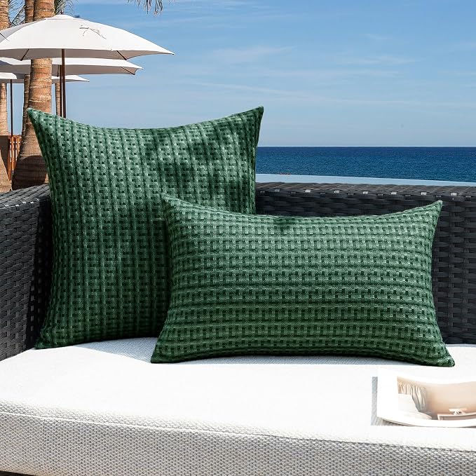 Kevin Textile Outdoor Waterproof 12"x20" Pillow Covers 2 Pack, Dark Green | Water Resistant Weaving Faux Linen Texture Throw Pillow Covers, Outside Decorative Pillowcases for Garden Patio Balcony Couch