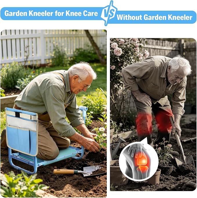 Garden Kneeler and Seat Heavy Duty, Foldable Gardening Stool Bench | With Widened Thick Soft Kneeling Pad & Tool Pouches - 2-in-1 Portable Kneeler and Stool for Seniors (BLUE)