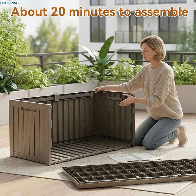 ROJIK Outdoor Storage Box – 150 Gallon Mobile Waterproof Resin Deck Box, Lockable Storage for Patio Cushions, Garden Tools, Pool Accessories – UV-Resistant Storage Bench for Backyard & Deck(Grey)