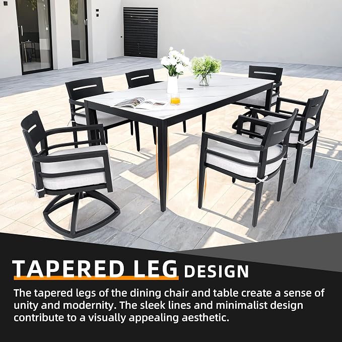 7PC Aluminum Outdoor Patio Dining Set, 71" Rectangular Dining Table with White Marble Sintered Stone Top, 4 Chairs & 2 Cushioned Swivel Rockers, All-Weather Patio Furniture