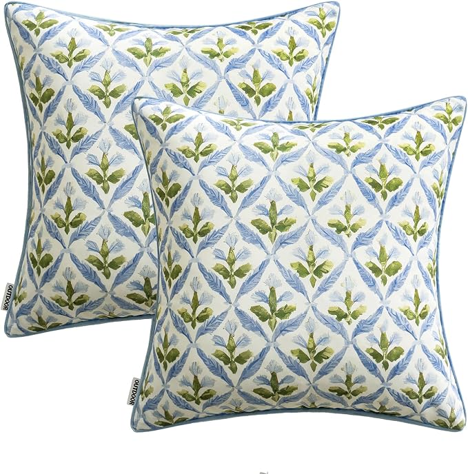 MIULEE Outdoor Floral Pillow Covers Waterproof 20x20 Blue-Green | Decorative Block Print,Boho Farmhouse, Set of 2 Coastal Summer Cushion Covers with Piping,Garden Patio Furniture Porch Couch