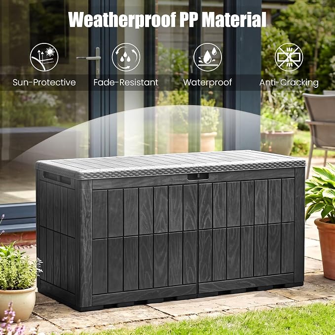 HAPPYGRILL 120 Gal Outdoor Deck Box, Lockable Storage Bin with Lid and Handles, Waterproof and Sun-Protective Patio Bench and Storage Box for Garden Tools Pool Supplies (Black, 120Gallon)