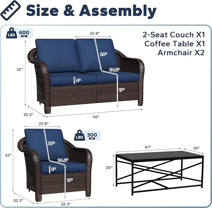 4 Pieces Outdoor Conversation Furniture Set, 55" Patio Couch，47" Metal Coffee Table, 2 Chairs, Rattan Wicker Sofa with Removable Cushions for Bistro, Deck (Navy Blue)