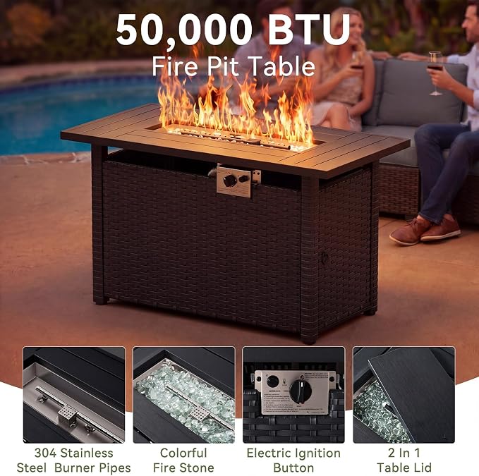 LazySunsets 13 PCS Patio Furniture Set with 44'' Fire Pit Table, Outdoor Sectional All-Weather Wicker Conversation Set with Swivel Rocker Chairs, 4'' Thick Cushions for Backyard Poolside(Crey/Black)