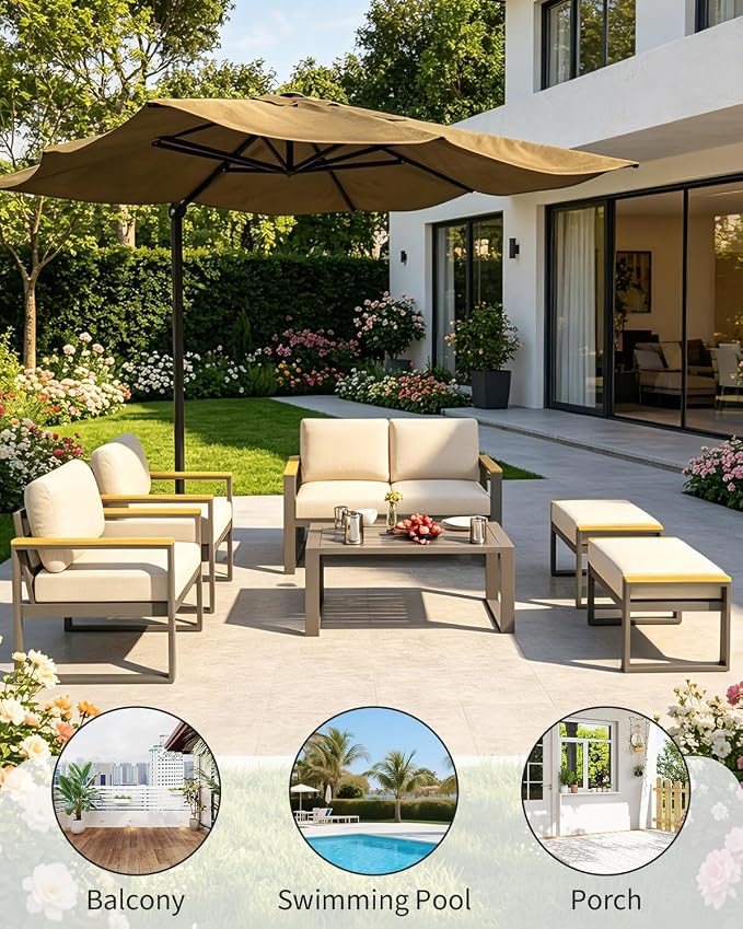 Aluminum Patio Ottoman Set of 2 - Outdoor Footstools with Cushions - Small Metal Garden Chairs - Ideal for Balcony, Deck, Backyard - Outdoor Furniture, Beige